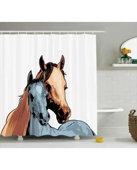 

Country Shower Curtain Farm Life Two Horses Print For BathroomFabric Washable Waterproof With Rings