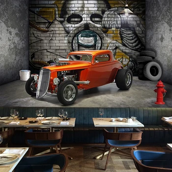 

Custom 3D Wall Murals Wallpaper Creative Stereoscopic Space Car Skull Street Graffiti Art Restaurant Background Wall Painting
