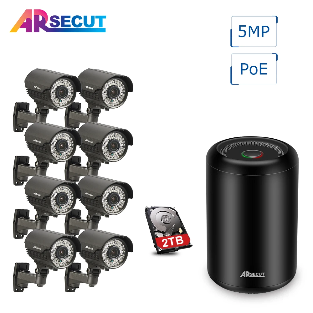 

ARSECUT 8CH 5MP HD POE Seurity Camera System Waterproof 1920P 78 IR Leds Night Vision Video Surveillance System 2TB HDD