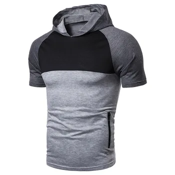 

short-sleeved summer Europe and the United States men's short sleeve hooded T-shirt color matching hooded collar short sleeve