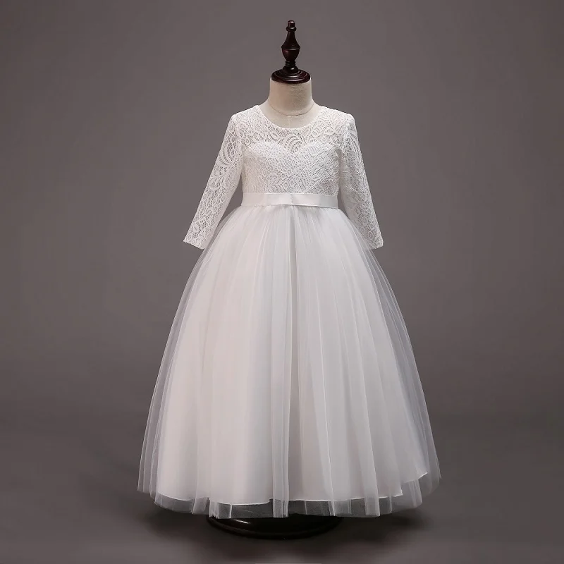 Фатиновые кружевные Детские платья для девочек; пышные белые платья с цветочным узором для девочек на свадьбу и вечерние платья для первого причастия для девочек - Цвет: white