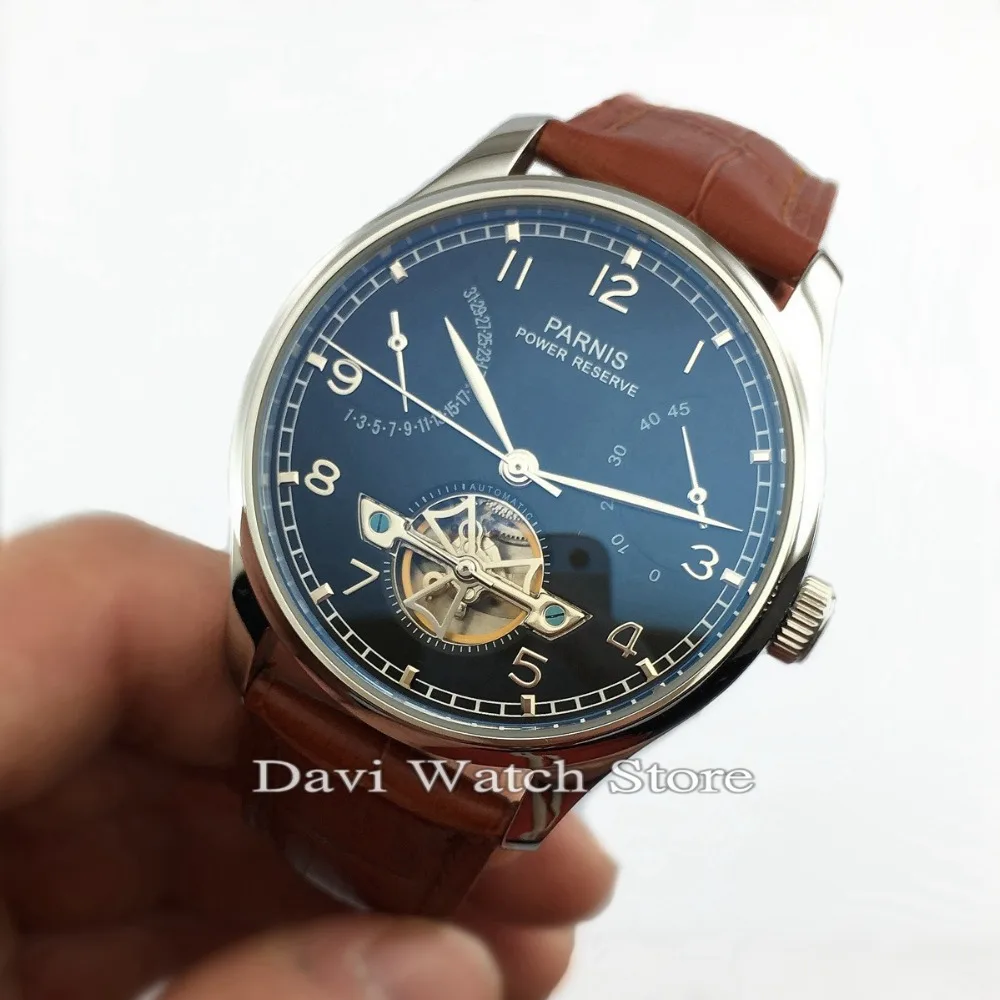 Parnis 43mm Luxury Black Dial Power Reserve Chronometer Flywheel
