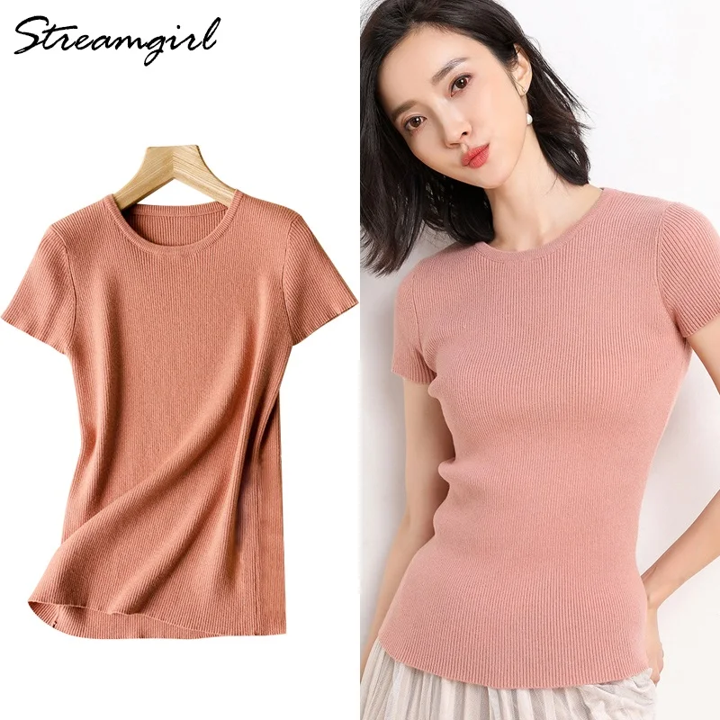 

Streamgirl T-shirt Women Summer Tshirts High Quality Korean Style Tee Shirt Femme 2019 Knitted White T Shirt Short Sleeves Women