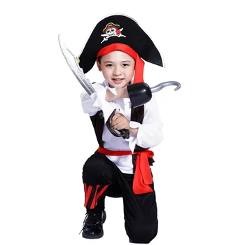

Halloween Pirate Cosplay Suit Domineering Boy Pirate Costume Set with Pirate Knife and Pirate Hook for 4-6 Years Old - M L XL