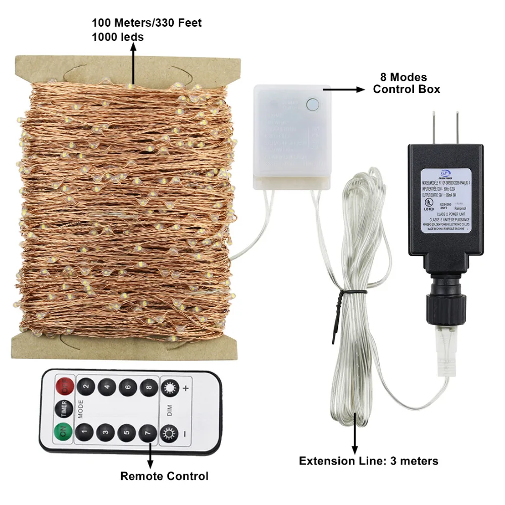 30 м 50 м светодиодный светильник, медная проволока, Рождественская Звездная фея, декоративные Праздничные огни+ ul адаптер+ пульт дистанционного управления, 8 режимов