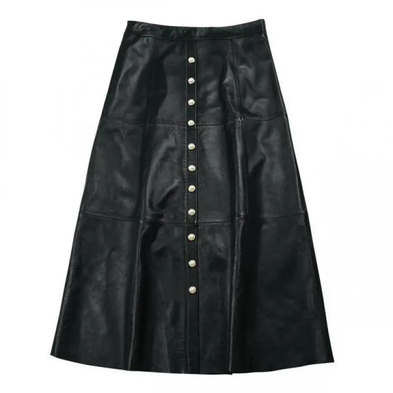 Летняя черная зеленая юбка из натуральной овечьей кожи с высокой талией и жемчугом средней длины женские повседневные вечерние юбки - Цвет: black skirt