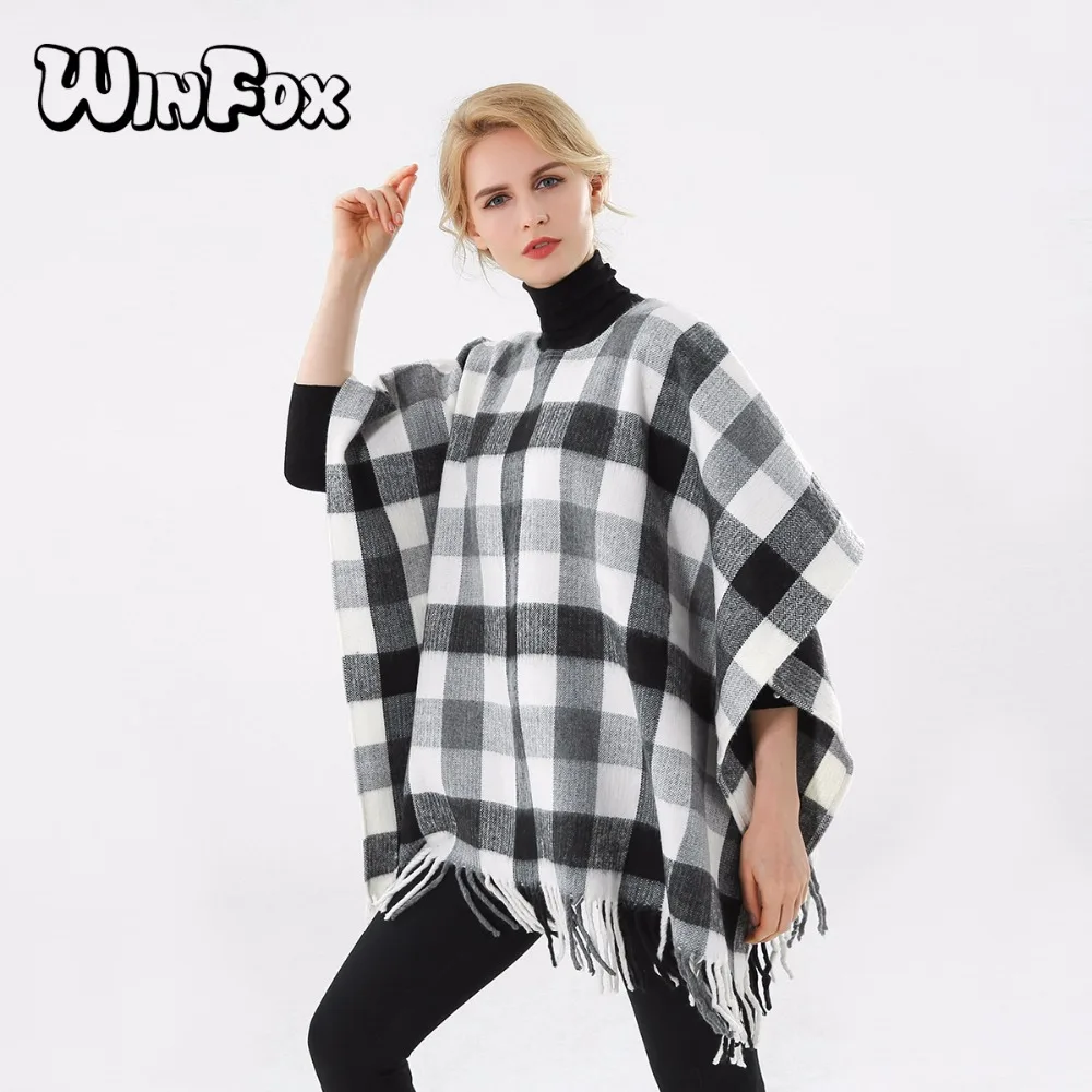 

Winfox 2018 New Luxury Brand Winter Women Fashion Black White Plaid Checked Cardigans Coat Cashmere Ponchos And Capes Femme