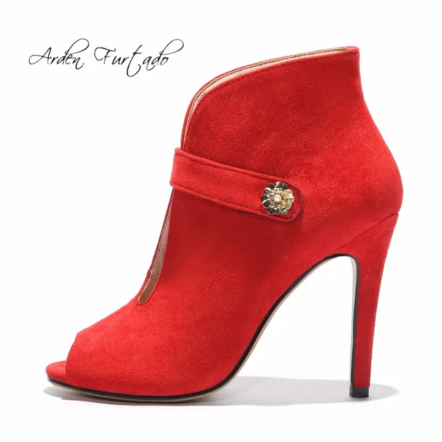 Arden Furtado 2018 summer new sexy high heels 11cm stilettos ankle boots red peep toe fashion short boots small size 33 sandals 
