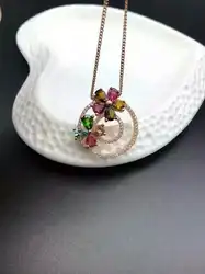 Натуральный многоцветный Турмалин Подвеска S925 серебро Природный камень кулон Цепочки и ожерелья Модные круглые цветы женщин подарок