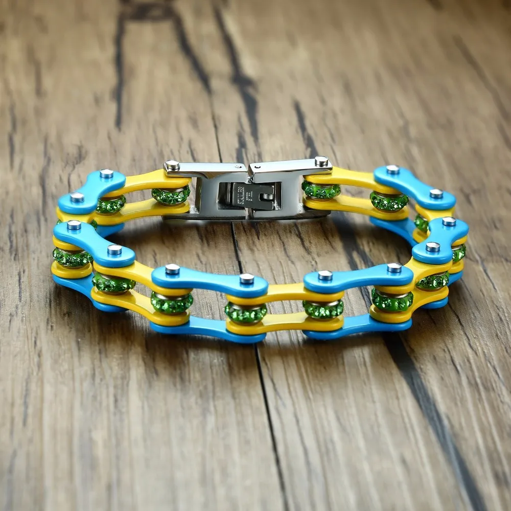 

Blue and Yellow With Crystal Bikers Motorcycle Chain Bracelet For Mens Womens Stainless Steel Bike Bangle Armband Male Jewelry