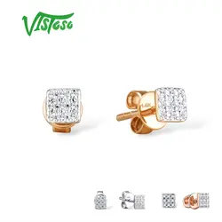 Серьги VISTOSO, золотые, для женщин, 14 K, 585, розовое золото, сверкающие бриллианты, изящные круглые серьги-гвоздики, модные ювелирные изделия