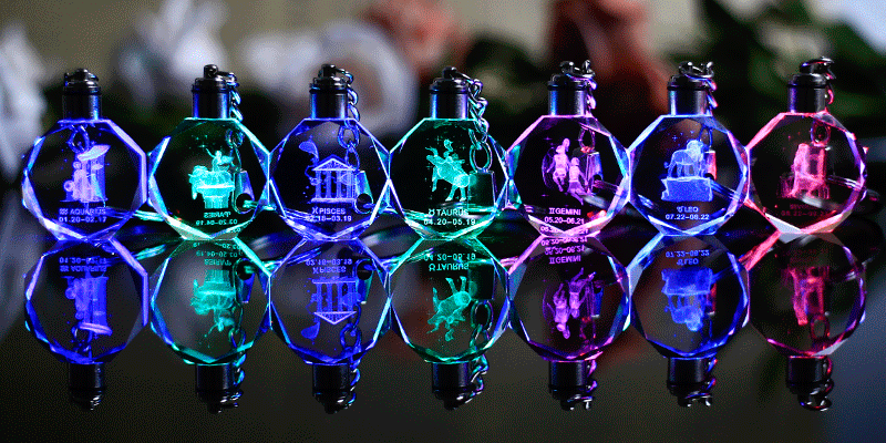 Брелок с лазерной гравировкой и кристаллом зодиака, брелок для ключей, стеклянное подвесное украшение с изменяющимся цветом, светодиодный светильник для подарков, porte clef