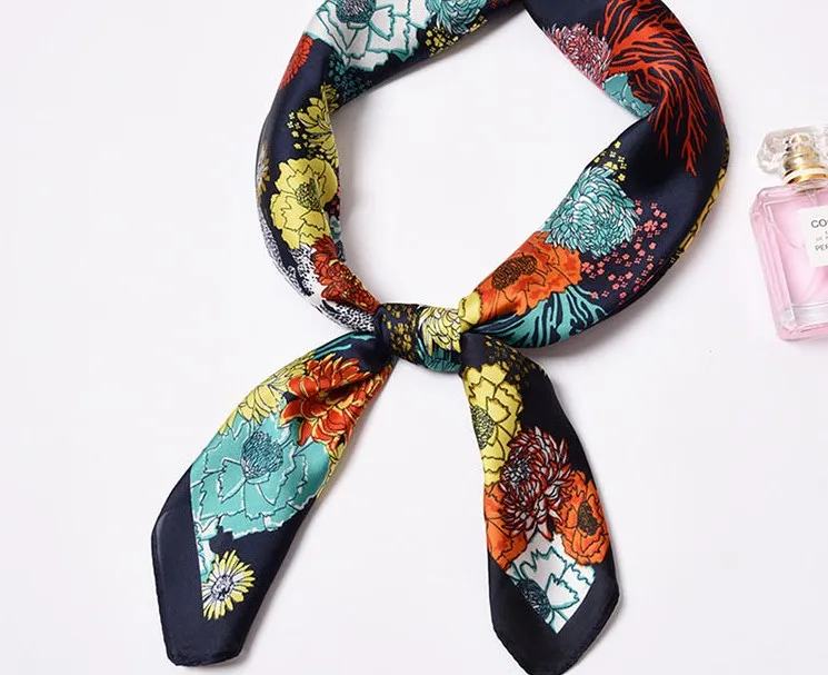 

Yishine 70*70 CM Women Multifunction Polyester Silk Scarf Colorful Flowers Printed Satin Small Square Wraps Scarves Shawl