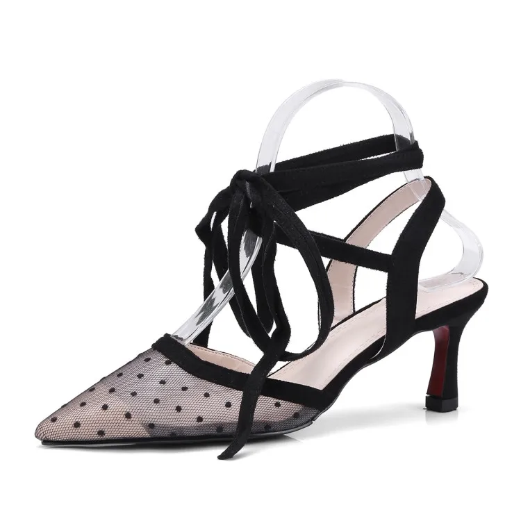 2018 Summer Elegant Lace Mesh Sandals Polka Dot Pointed Toe Gladiator Shoes Woman High Heels Big Size 34-43 Strap Footwear Woman (2)