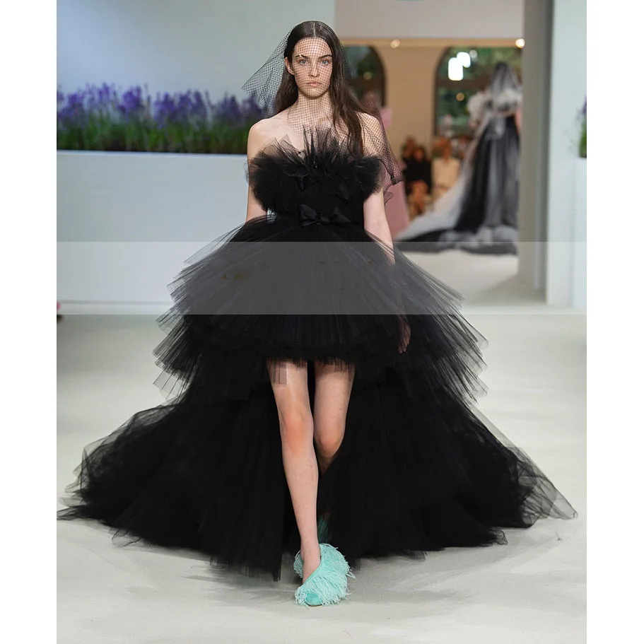 

2019 Prom Gowns Dresses Off The Shoulder Ruffles Tutu Hi Low Prom Gowns Off Shoulder Vestido Formatura Black Evening Gown