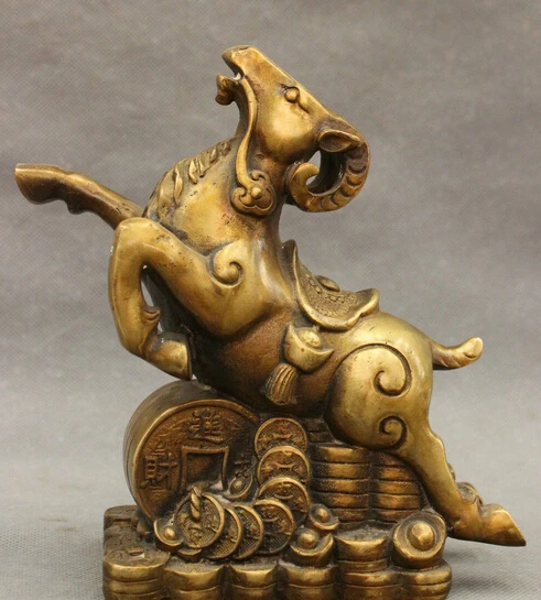 

hui88K745<<<Chinese Bronze Copper Folk Year Zodiac Wealth YuanBao Coin Up Ram Sheep Statue