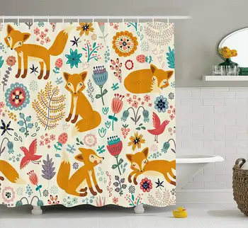 

Fox Shower Curtain Natural Wildlife Cute Foxes Ornate Flowers Flying Birds Kids Nursery Fabric Bathroom Decor Set with Hooks