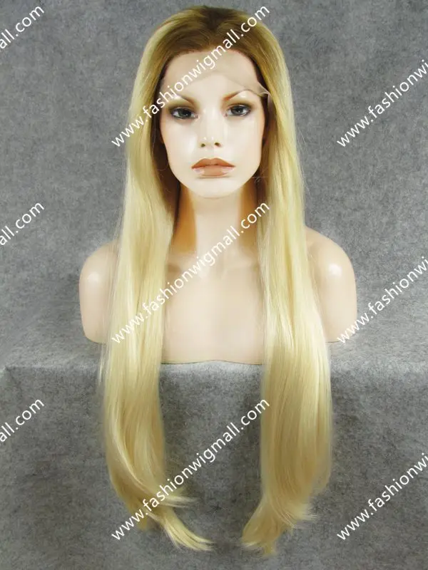 

W22 30" Extra Long 150% #613/27 Two Tone T color Blonde Straight Front Lace Heat Friendly Synthetic Hair Wig