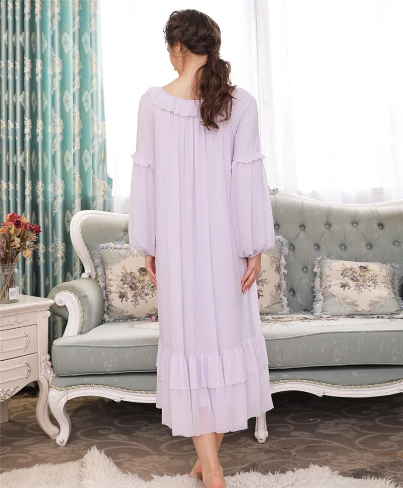 Осень пижамы Для женщин Винтаж ночная рубашка с длинным рукавом Кружева Ночное фиолетовый рябить ночь платье Элегантное платье принцессы