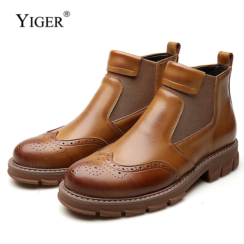 Мужские зимние ботинки челси YIGER черные теплые Мартинс из натуральной кожи без