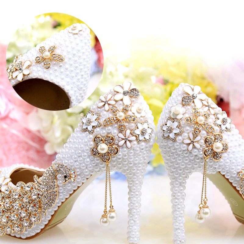 Cristal Mariée Strass De Gland Heel Talons Haute Perle 10cm Paon Pointu Chaussures Dames Pompes Plate Femelle Mariage forme Bout En Femmes PdIqYwxFWY