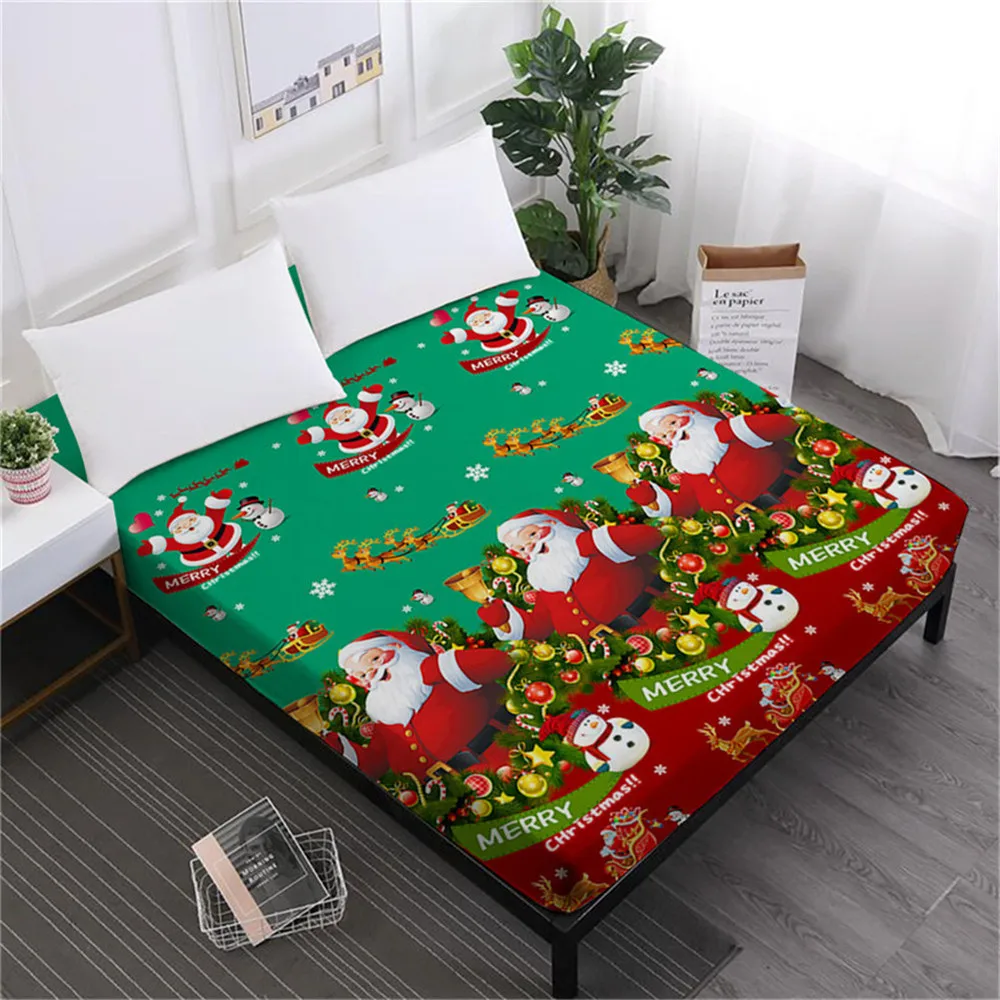  Home Textile Green Christmas Bed Sheet Cute Santa Claus Print Fitted Sheet Cartoon Festival Bedclot