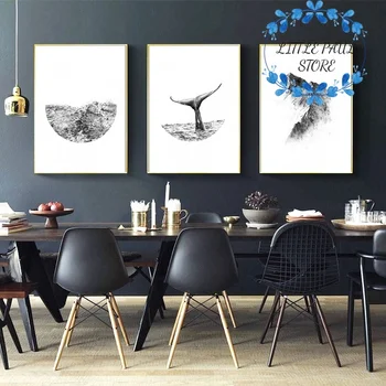 

Abstract Nature Ocean Wave Mountain Whale Nordic Black White Art Canvas Poster Wall Picture for Room No Frame