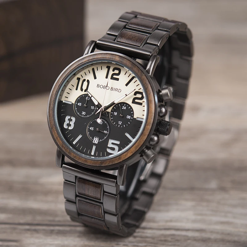 BOBO BIRD деревянные часы из нержавеющей стали для мужчин водонепроницаемые часы хронограф кварцевые часы relogio masculino мужские подарки