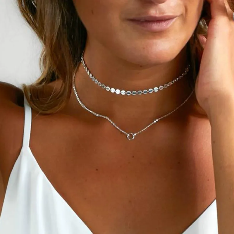 

2017 Summer Simple Gold Silver Chain Choker Necklace Crystal Coin Chocker Necklace For Women collar collier ras du cou femme