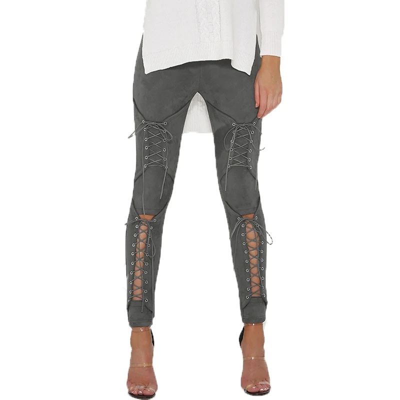 

New Suede Leather Pants Spring High Waist Lace Up Cut Out Stretch Skinny Bodycon Pencil Leggings Pants Bandage Pants