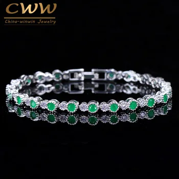 

CWWZircons Elegant Women Wristband Jewelry Silver Color Natural Round Green Crystal Bracelet with Cubic Zirconia Stones CB053