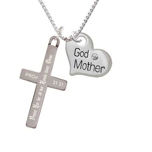 Large ''Godmother'' Heart with Clear Crystal - Praise Her - Cross Necklace (1)