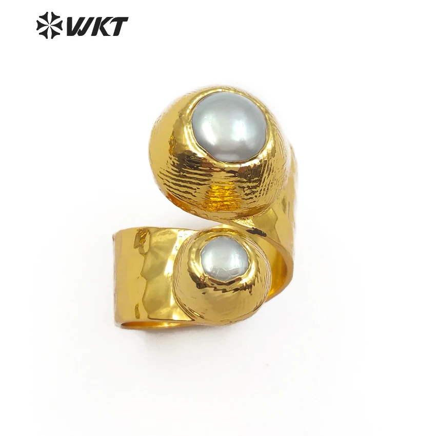 

WT-R329 Fashion Design Double Gem-stone Ring Natural Freshwater Pearl, Ja-de In Round Shape Women Adjustable Gold Ring Jewelry