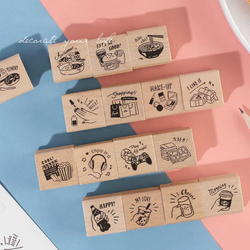 

4pcs/set Wooden Stamp toy Boxes kawaii Scrapbook DIY Photo Album Card Decoration Craft Wood Rubber Stamp Toys