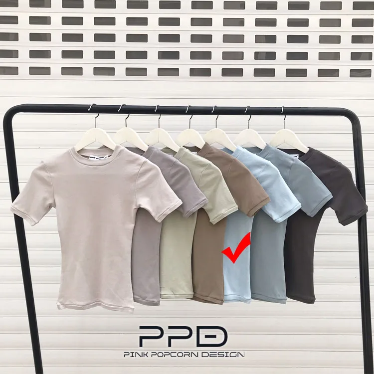 Color-5 Женская футболка с коротким рукавом, Женский однотонный топ, тонкий эластичный базовый кроп-топ из хлопка - Цвет: Color-5
