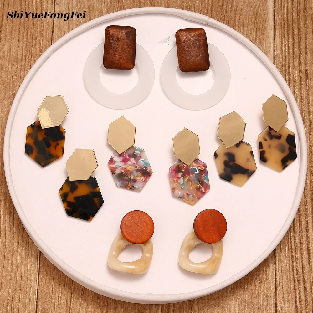 

Korea Handmade Wooden Geometric Jewelry Braid Drop Earrings New Fashion Leopard Square Long Earrings