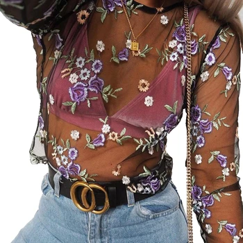 

New 2017 Summer Women T-shirts See Through Sexy Mesh Sheer Embroidery Flower Long Sleeve Tee Tops T-shirt
