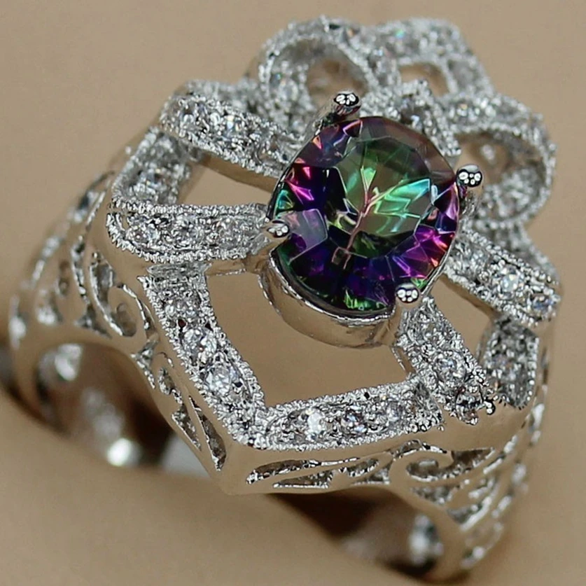 Fleure Esme Lovely Engagement wedding rings for men and women my orders Rainbow Cubic Zirconia Rhodium Plated R3339 size 6 7 8 9 | Украшения