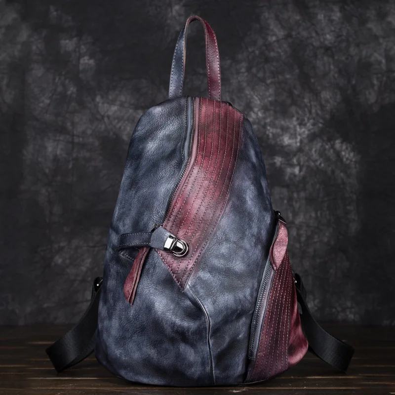 Мужской женский рюкзак из натуральной кожи, рюкзак, первый слой из воловьей кожи, Лоскутная цветная дорожная сумка, винтажный рюкзак - Цвет: Purple Black