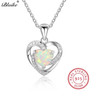 

Blaike 100% Genuine S925 Sterling Silver Heart Necklace Fine Jewelry White Fire Opal Birthstone Pendants For Women Zircon Choker