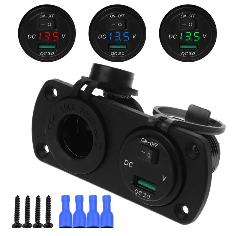 

12V-24V QC 3.0 USB Car Charger Adapter Power Socket LED Voltmeter With ON OFF Switch For Car Mobile Phone Tablet GPS