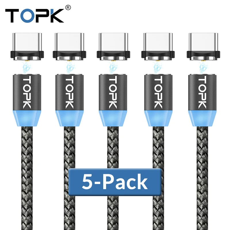 TOPK [5-Pack] R-Line1 светодиодный магнитный кабель usb type C с нейлоновой оплеткой для зарядного устройства type-C для samsung S9 S8 Plus USB C