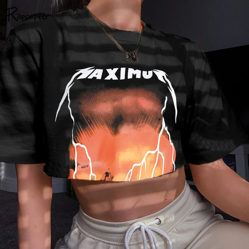 

Rapcopter Harajuku Black Punk Tees Sunset Lightning Printed Summer Tops Tee Shirts Short Sleeve Loose Casual Femme Crop Tshirt