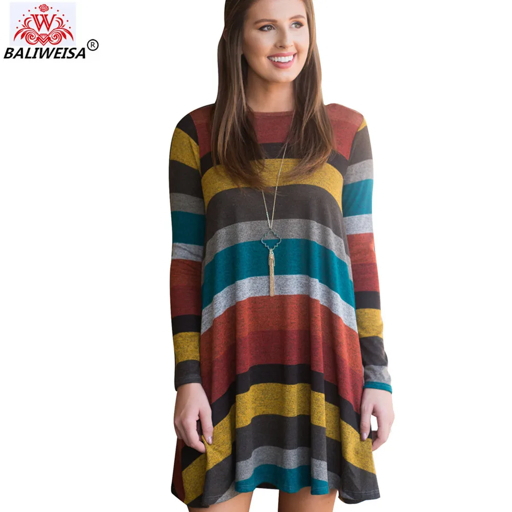 

BALIWEISA Warm Wool Dress Women 2019 Winter Autumn Cross Stripe A-Line Loose Casual Ladies Dress Long Sleeve Printed Mini Dress