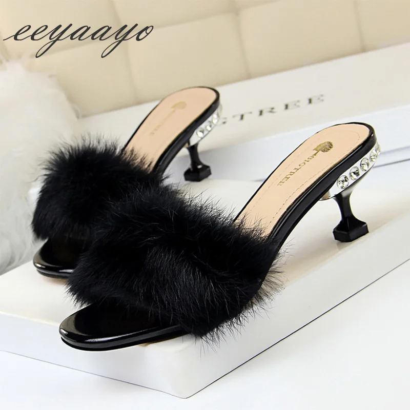 

2019 New Summer Women Slippers High Thin Heel Peep Toe Rabbit Fur Crystal Sexy Ladies Women Shoes Black Female Slides Slippers