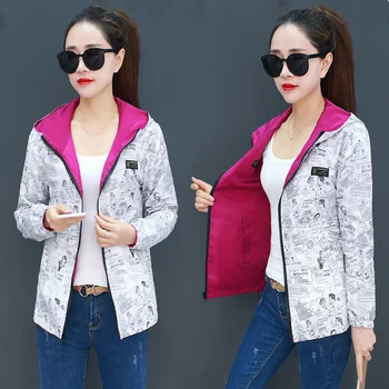 

Hot Sale Women Jacket Hooded Spring Autumn Both sides Wear Cartoon Print Outwear Student Loose Coat female Windbreaker tops
