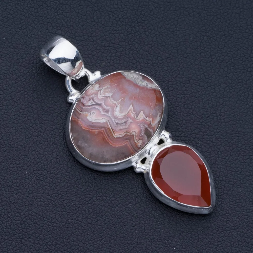 

Natural Crazy Lace Agate and Carnelian Punk Style 925 Sterling Silver Pendant 2" P0708
