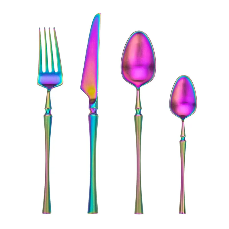 

MORGIANA 4 Pcs Colorful Rainbow Dinnerware Set Stainless Steel Cutlery Set Black Knife Fork Set Tableware Western Food Set