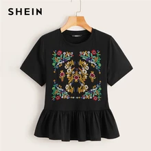 SHEIN Boho милый черный растительный вышитый топ с воланом Женская летняя футболка с круглым вырезом короткий рукав Базовая футболка Топы