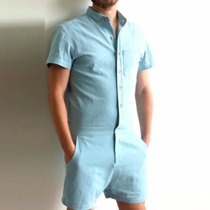 

FDWERYNH New 2018 Summer Unique Romper Men Linen Shirt Short Sets Single Breasted Jumpsuit Fashion Overalls Tracksuits Plus Size